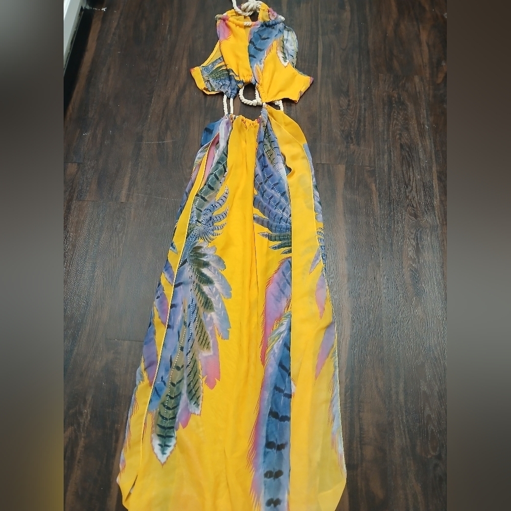 Vibrant Yellow and Blue Feather Print Swim Coverup - Picture 4 of 5